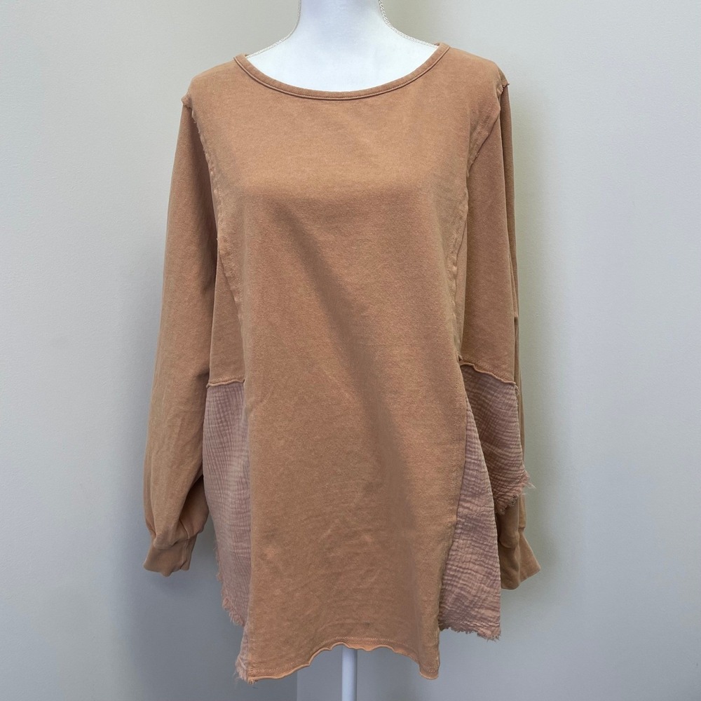 Three Bird Nest Terracotta Mixed Media Gauze Tunic Top Boho Raw Edge Womens M